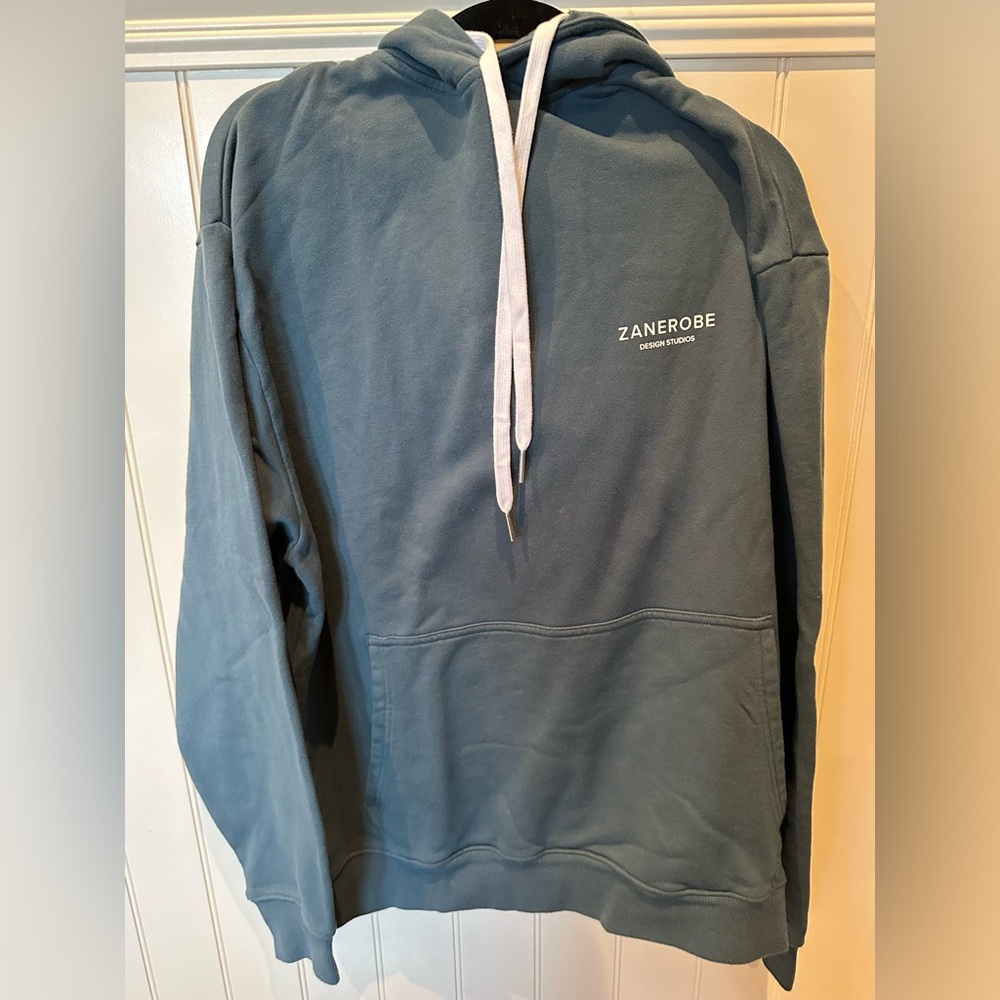 Zanerobe Size Medium Steel Grey Hoodie White Drawstring & Logos